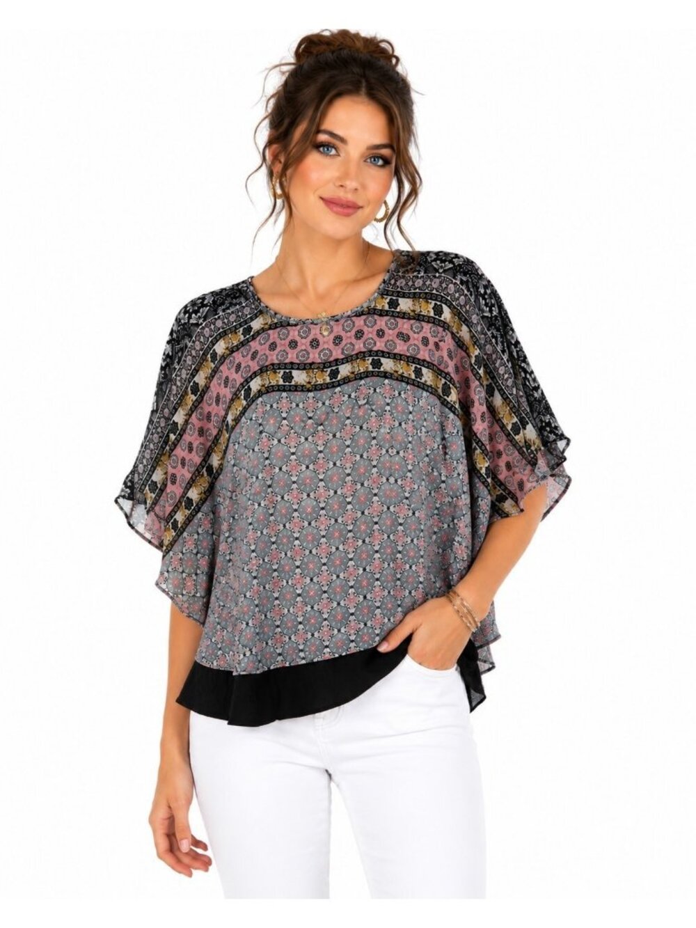 Faith and Joy Mixed Print Flutter Sleeve Blouse Medium Boho Keyhole Back